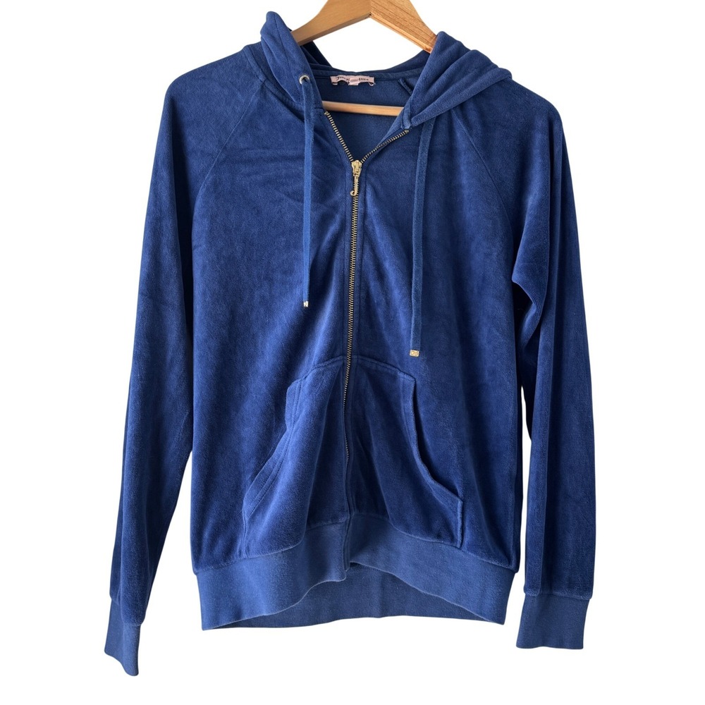 Juicy Couture Hoodie Women S Blue Velour Zip Up Gold J Pull Raglan Sweatshirt